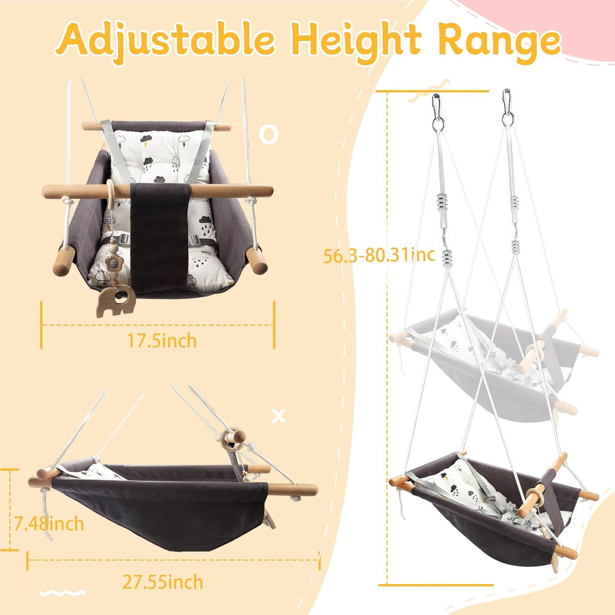 Tislly indoor outdoor baby swing in grey cotton with beech wood frame and 5-point belt - view 13