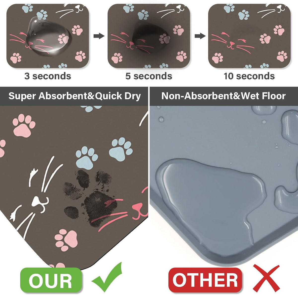 Patterned Cat & Dog Bowl Mat for Food and Water - Small (12" x 20") / Dark Brown-catpaw - image 4