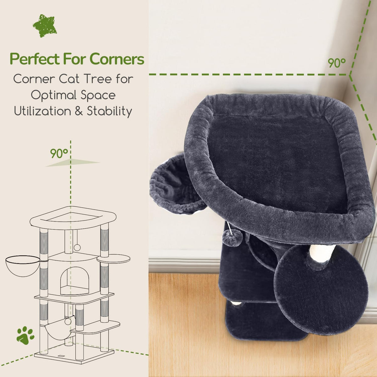 Globlazer Corner Stable Cat Tree Tower with Scratching Post, C51 - 51inch / Dark Gray - image 2