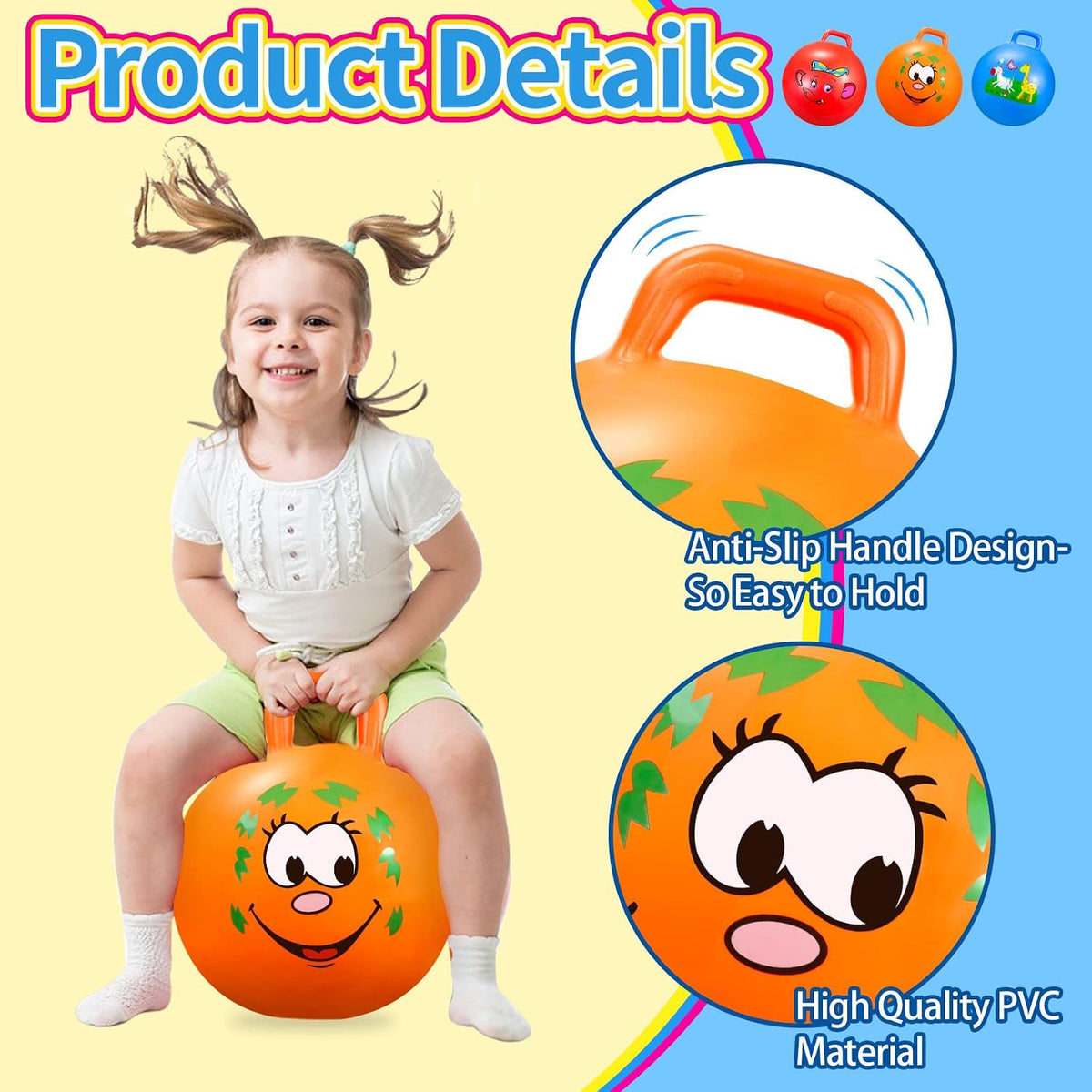 Bouncy Ball with Handle for Kids - 3P 18inch (Red+Orange+Blue) - image 2