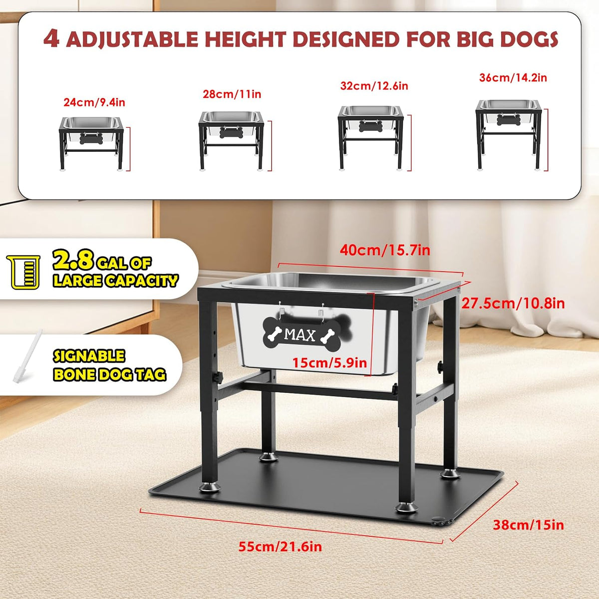 1.2 Gallon Elevated Large Dog Water Bowl with Mat - Black-2.8 gal & mat / Height: 9.4-14.2" - image 2
