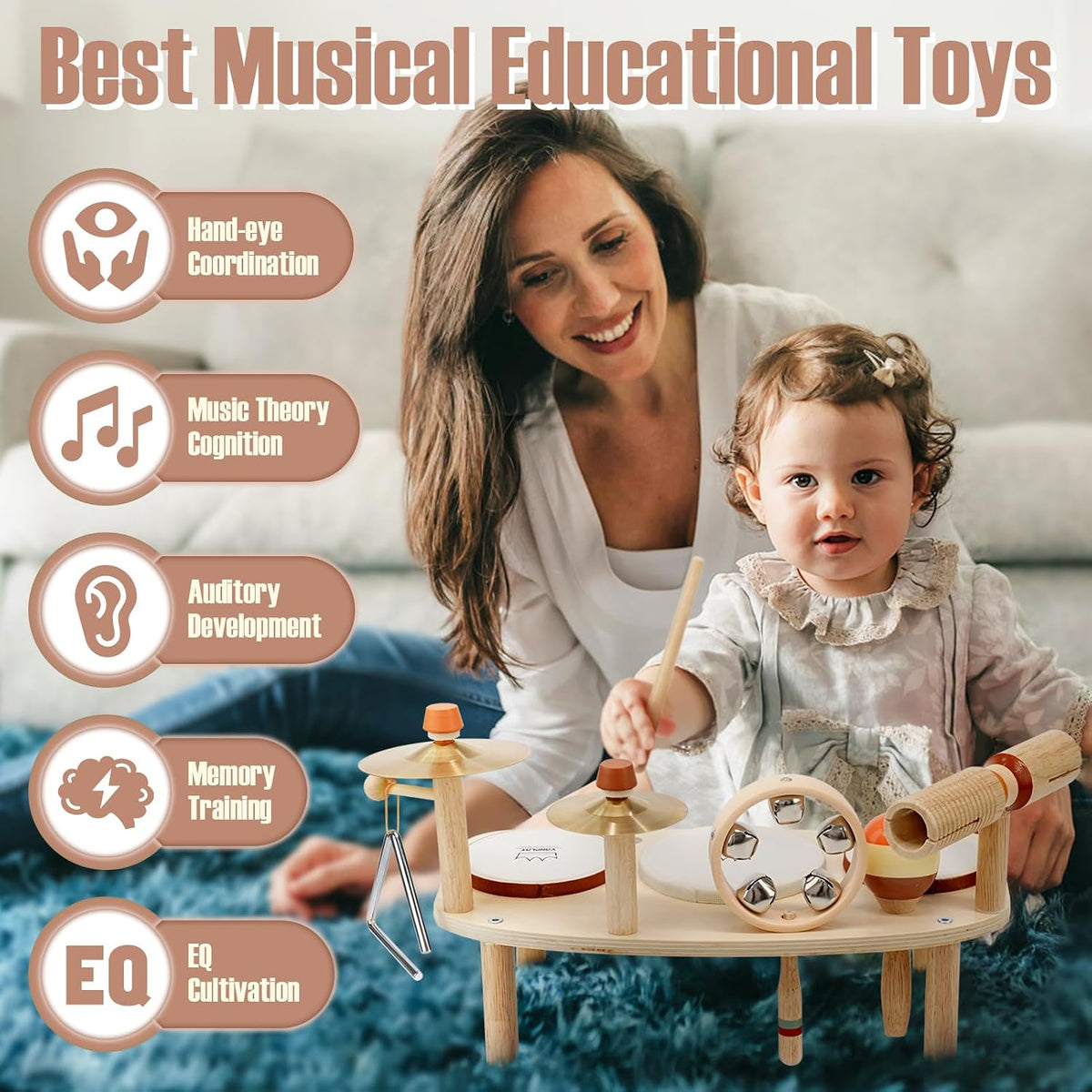 Vanplay Kids Drum Set, Montessori Toys for 2 3 Year Old Boy Girl Gifts – Fun for Kids & Family - Beige, Brown - image 3