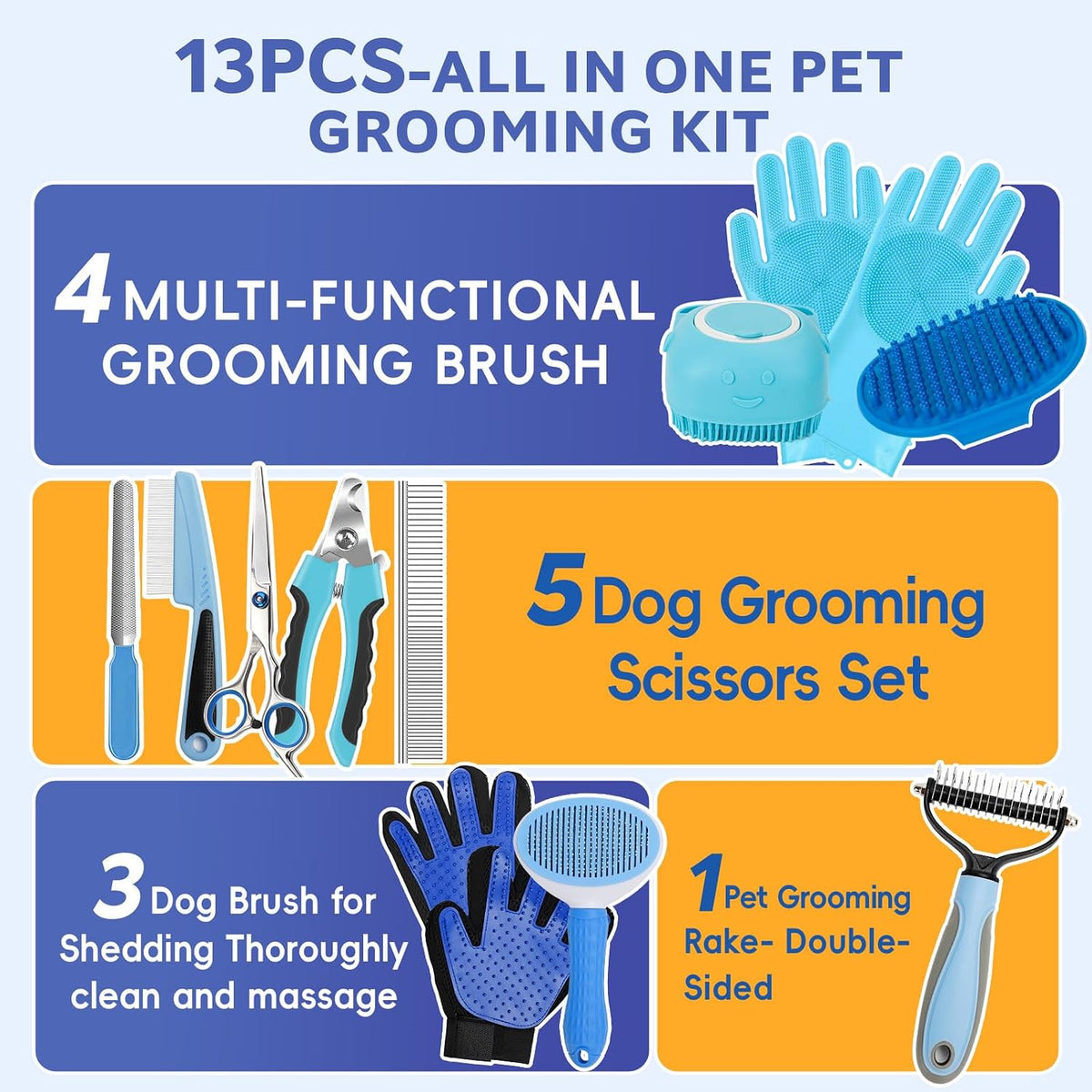 Dog Brush for Shedding 13pcs Bath Grooming Kit with Pet Nail Clipper - Blue 13pcs - image 2