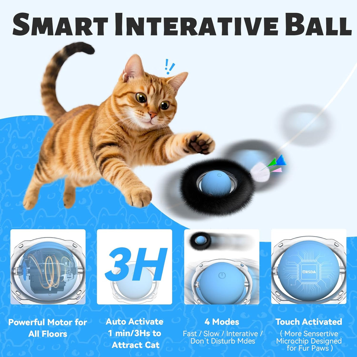 ORSDA Interactive Cat Toys Ball - Blue Ball&7 Hole Black Mat - image 4