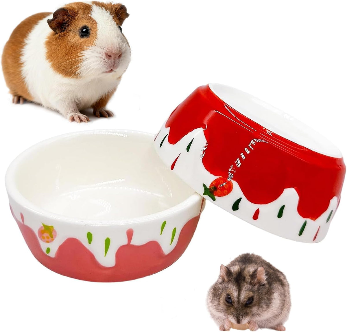 2 Pack Ceramic Guinea Pig Food Bowl Hamster Food Bowls for Gerbil Rat – Essentials for Small Pets - Pink + Red
