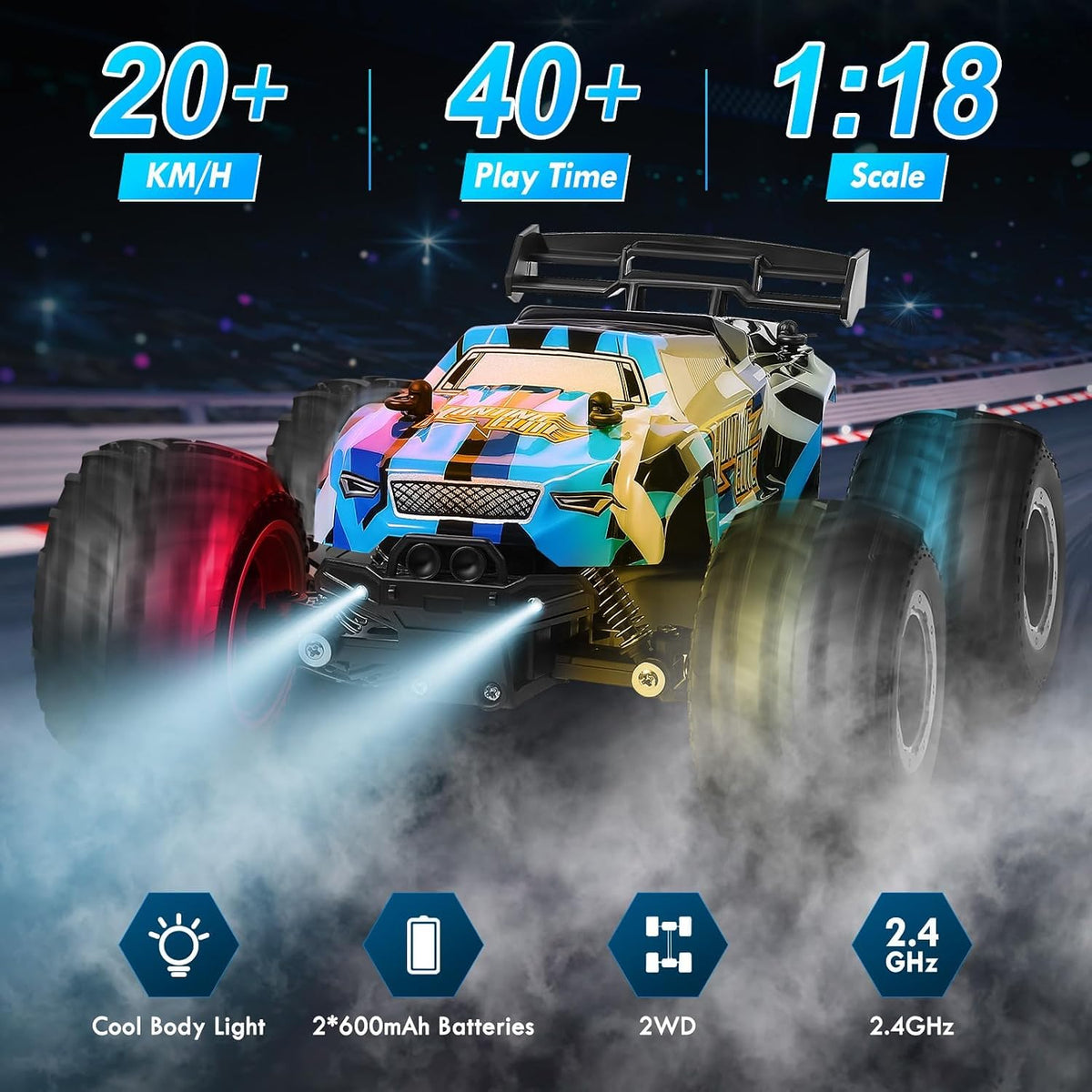 Remote Control Car All-Terrain 1:18 Rc Car with LED Lights 2 Batteries – Fun for Kids & Family - Black and Blue - image 2
