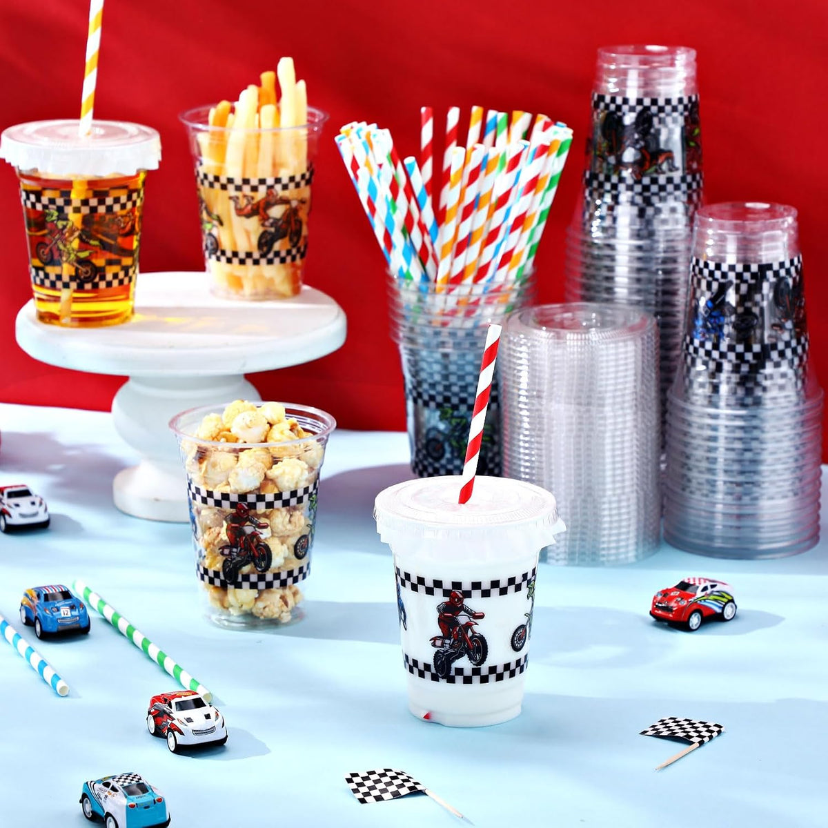 Teenyyou 12 oz clear plastic party cups with dirt bike design, lids and paper straws - view 25