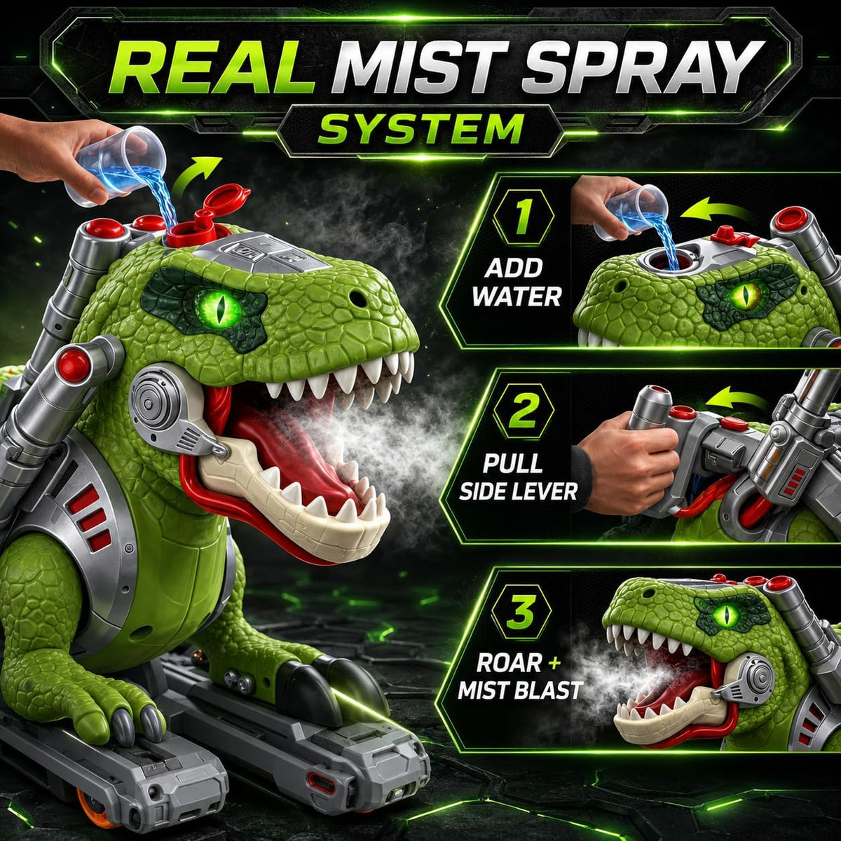 Liberty Imports T-Rex dinosaur ride on push car with LED eyes and mist spray - view 3