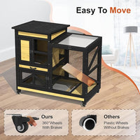 40'' Rabbit Cage Bunny Cage Indoor, Outdoor Rabbit Hutch for Small Animals, 2-Story Wooden Guinea Pig Cages with Wheels & 2 Deeper No Leak Trays, Waterproof Openable Roof & Bottom Wire Mesh