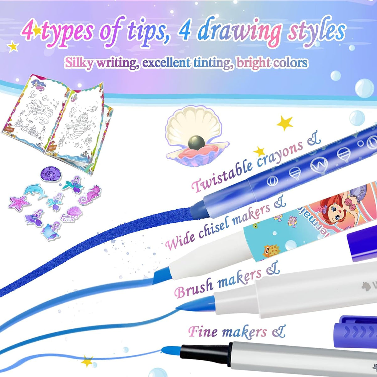 weirtoya 56 PCS Washable Scented Markers Set with Glitter Pencil Case - Mermaid - image 3