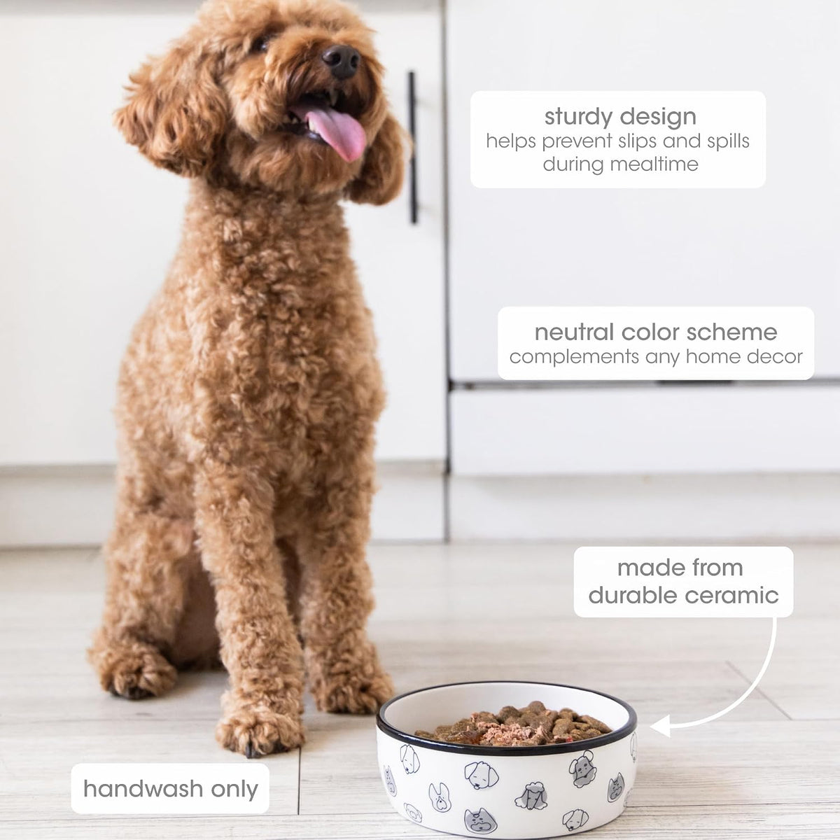 Pearhead Ceramic Dog Bowl, Woof Speckled Pet Food & Water Dish - Gray Dog Faces Bowl / Small - image 2