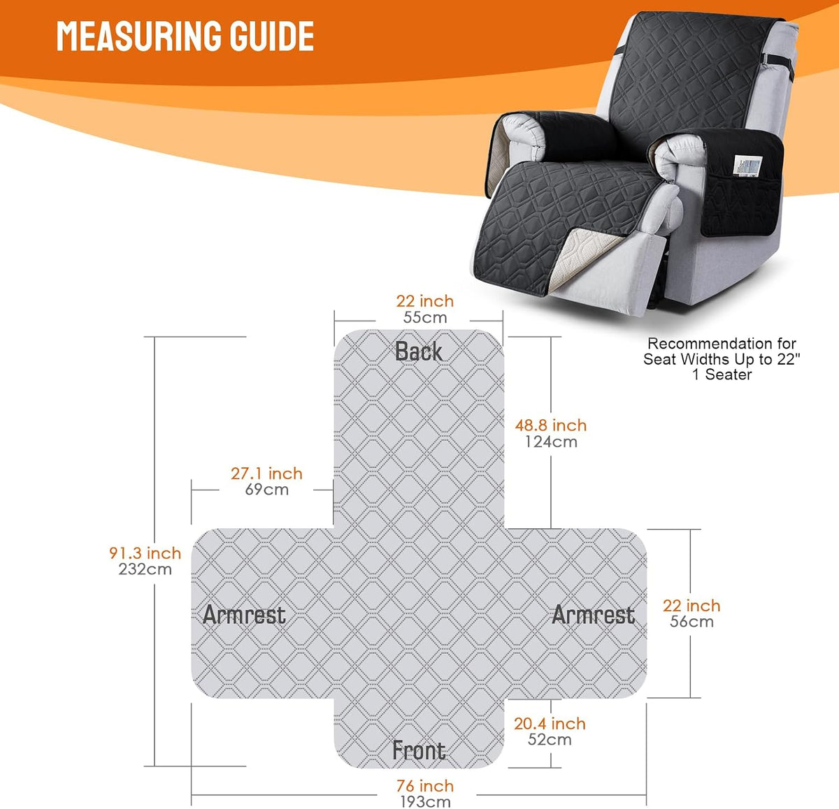 VANSOFY 100% Waterproof Recliner Chair Covers - Black / 22" - image 2