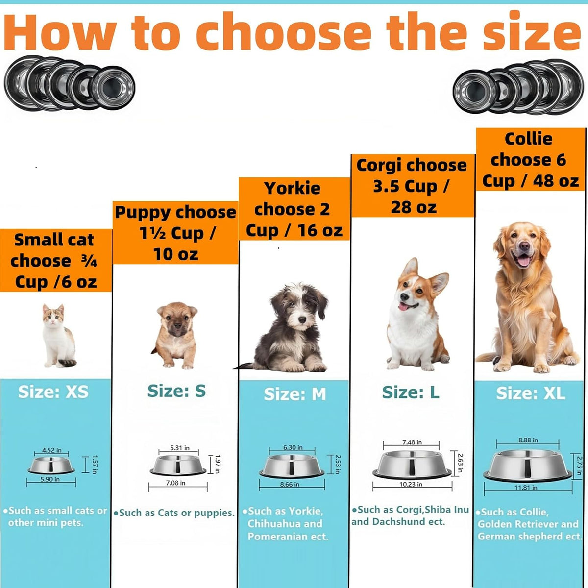 2 Pack Stainless Steel Dog Bowls with Rubber Bottom - ¾ Cup / 6 oz - image 2