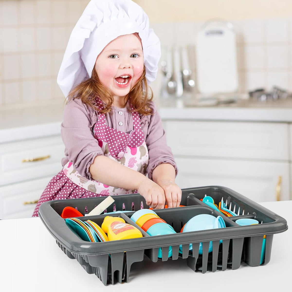 deAO 41-piece kids play dishes set with drainer, cups, plates, cutlery and pans - view 3