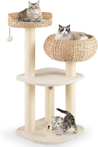 Tangkula Modern Cat Tree, Tall Cat Tower with Natural Sisal Scratching Post, Hand-Made Wicker Cat Condo & Top Perch, Funny Hanging Toy Ball, Cute Cat Tree Tower for Indoor Cats