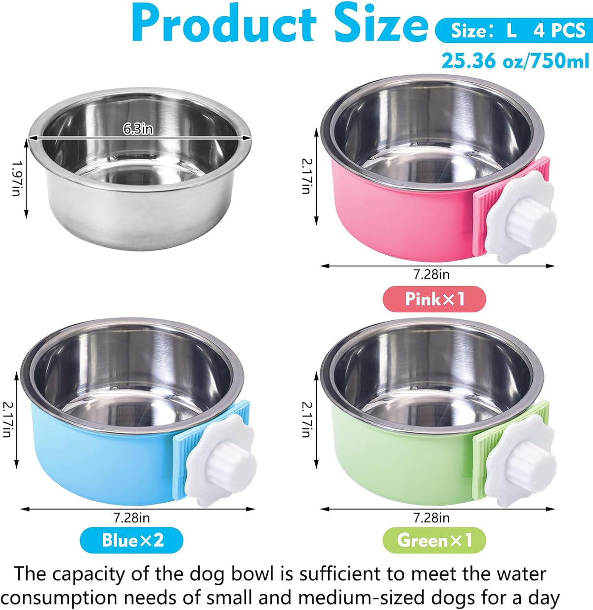 2PCS Stainless Steel Dog Bowls Set Removable Puppy Food and Water - 4 PCS / Size: L (2×Blue, 1×Green, 1×Pink) - image 2
