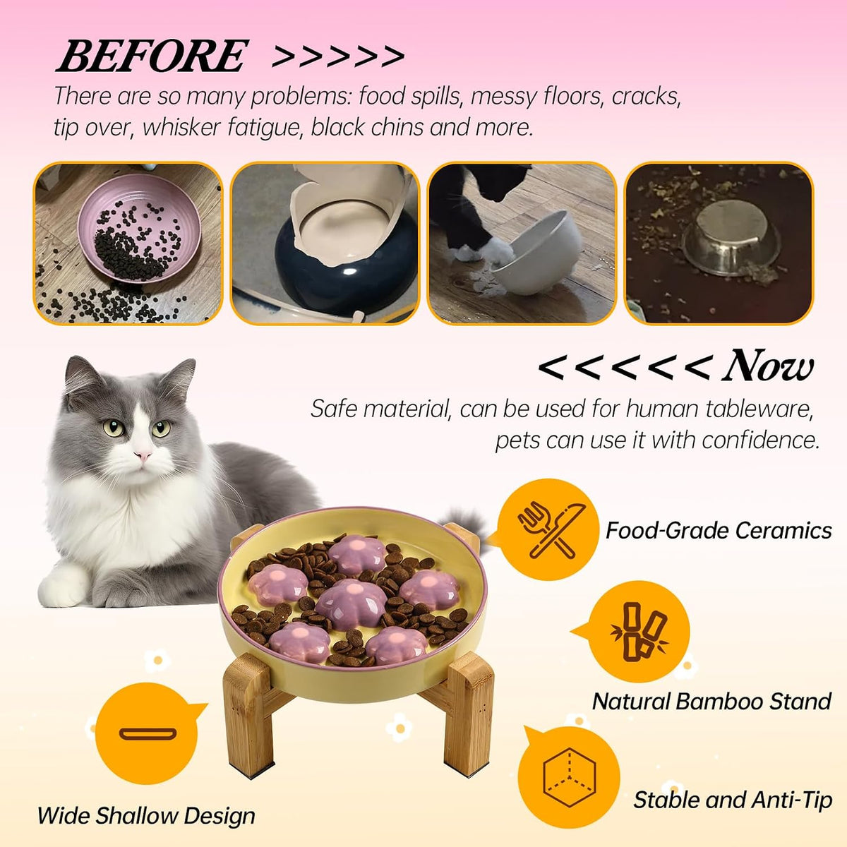 Ceramic Slow Feeder Cat Bowl, 6.3" Whisker Friendly Anti-Vomit - Light Purple - image 4