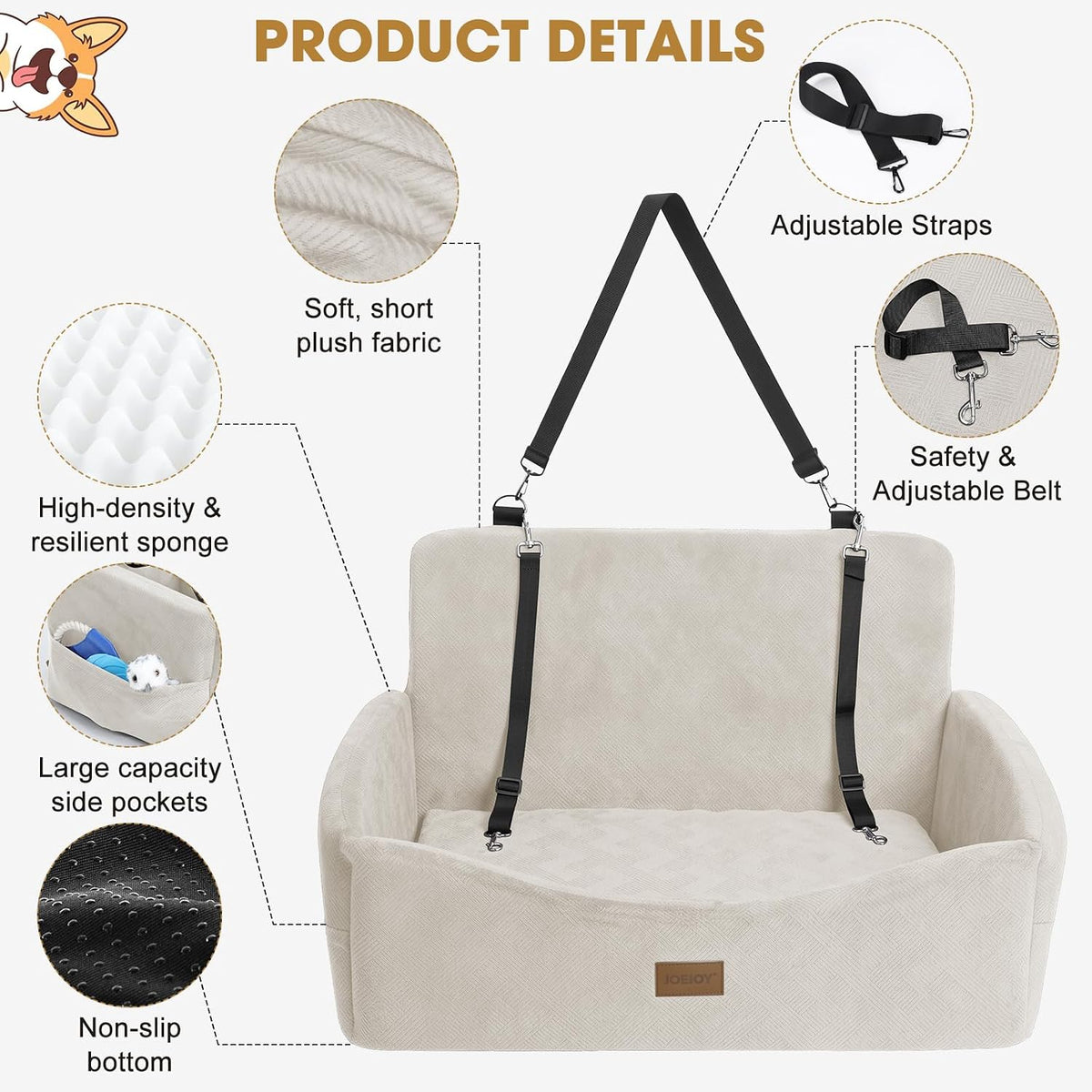 JOEJOY Dog Car Seats for Small Medium Dogs Under 35lbs - Beige / Large - image 4