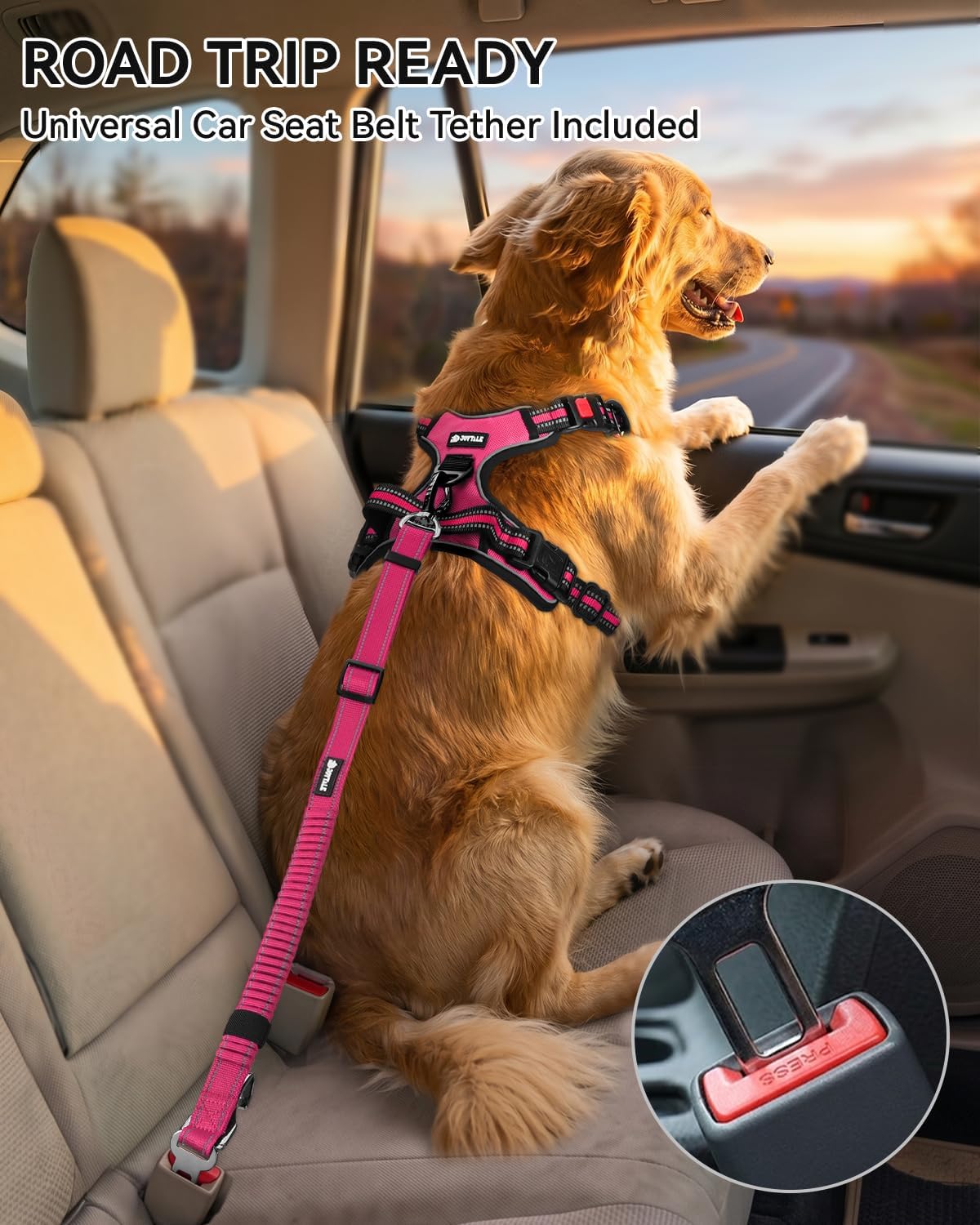 Joytale No Pull Dog Harness & Seat Belt, Easy On 3-Buckle, L - Hot Pink / Small - image 3