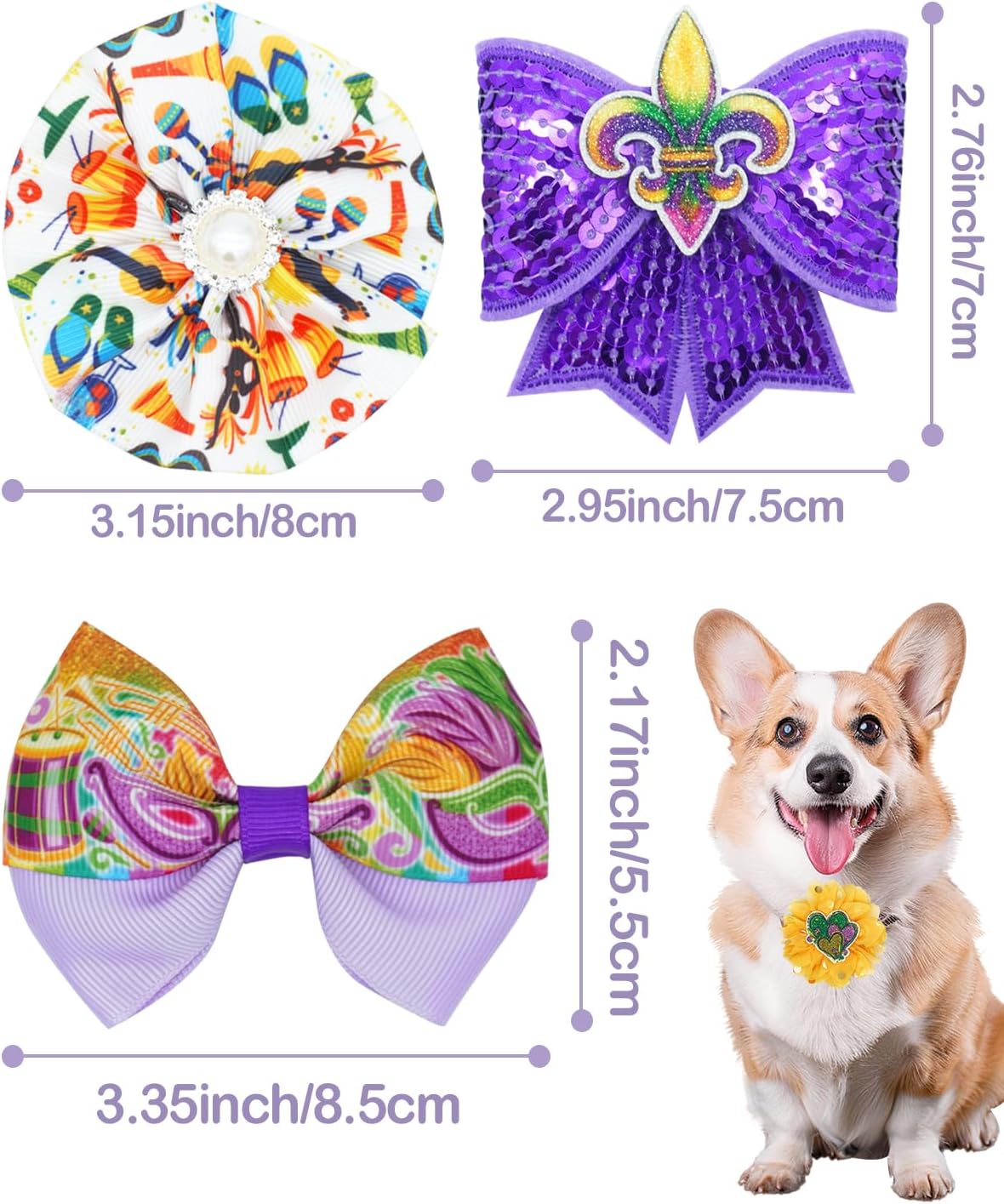 PET SHOW Holiday Dog Bowties Flowers for Small Dogs Slide on Collar – Essentials for Dogs - Mardi Gras-12pcs - image 2