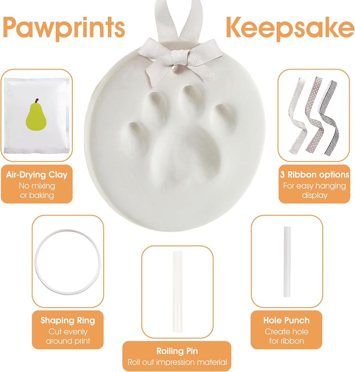 Pearhead Pet Paw Print Keepsake Ornament Kit, No-Bake Clay Kit – Essentials for Dogs - Silver Ribbons Pawprint Keepsake / 1-Pack - image 2