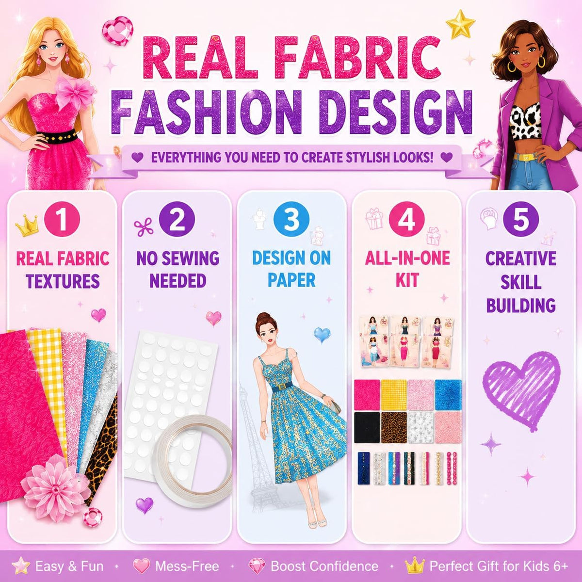 AGENTLAN fashion designer kit for girls with mannequins, fabrics, ribbons and rhinestones - view 8