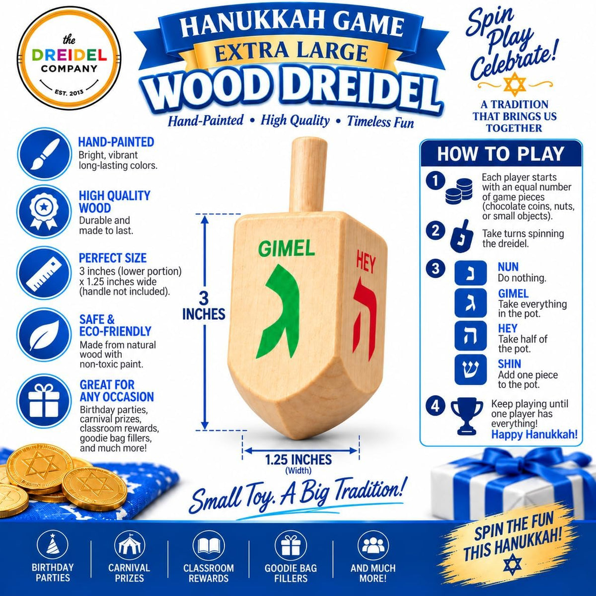 Let's Play Dreidel The Hanukkah Game 2 Extra Large Wood Dreidels - 48-Pack XL Dreidels - image 3