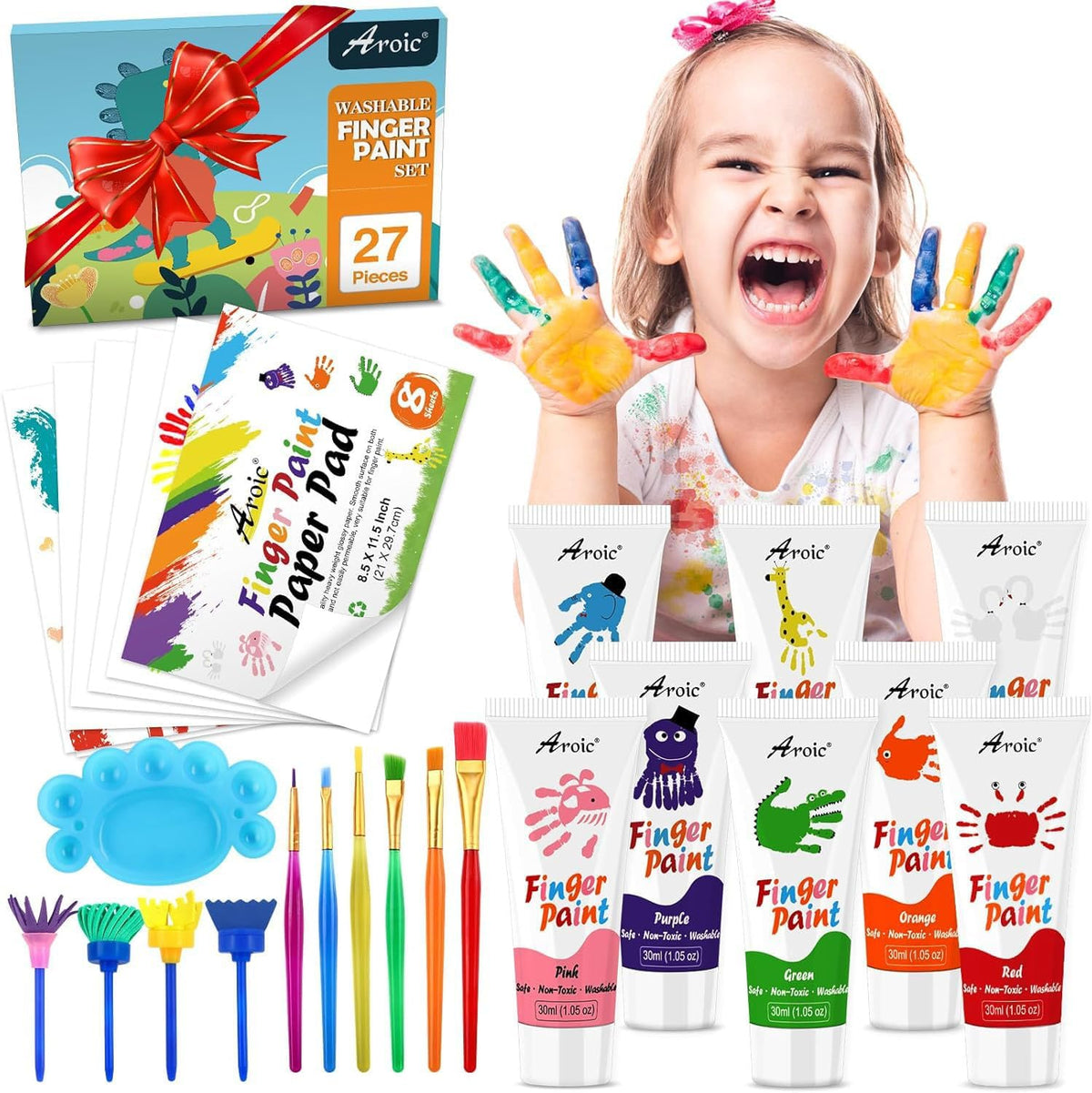 AROIC 8PCS Washable Finger Paint, Non-Toxic Finger Paints – Fun for Kids & Family - 8 Colors (27 PCS)