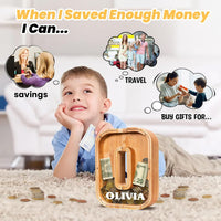 KMC wooden letter piggy bank, oak initial coin bank with clear plexiglass front - view 34