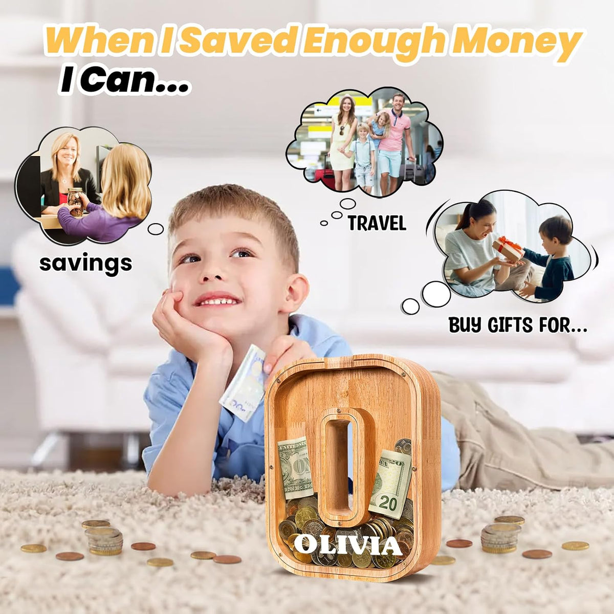 KMC wooden letter piggy bank, oak initial coin bank with clear plexiglass front - view 34