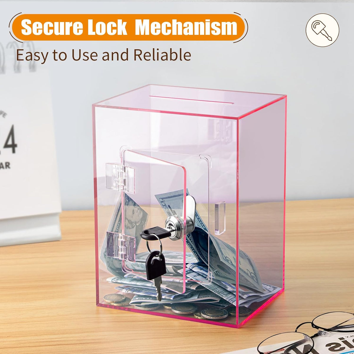 Hicocool Clear Acrylic Piggy Bank with Lock & Key - Pink - image 2