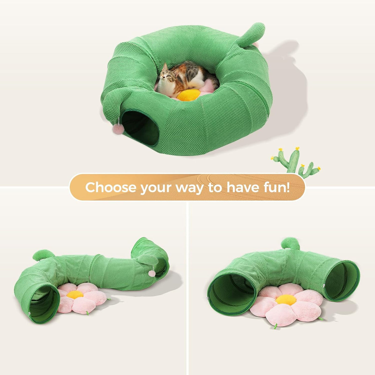 PEQULTI Beige Donut Cat Tunnel Bed Washable Plush Mat Multi for Small - Flower - image 4