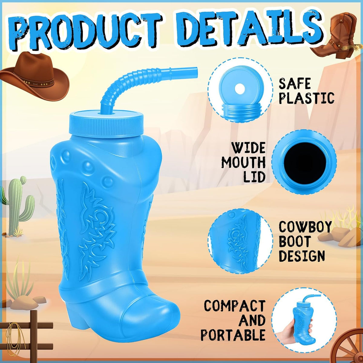 Hoolerry 12 Pcs Cowboy Boot Cups with Lids and Straws - Blue / 24 - image 2