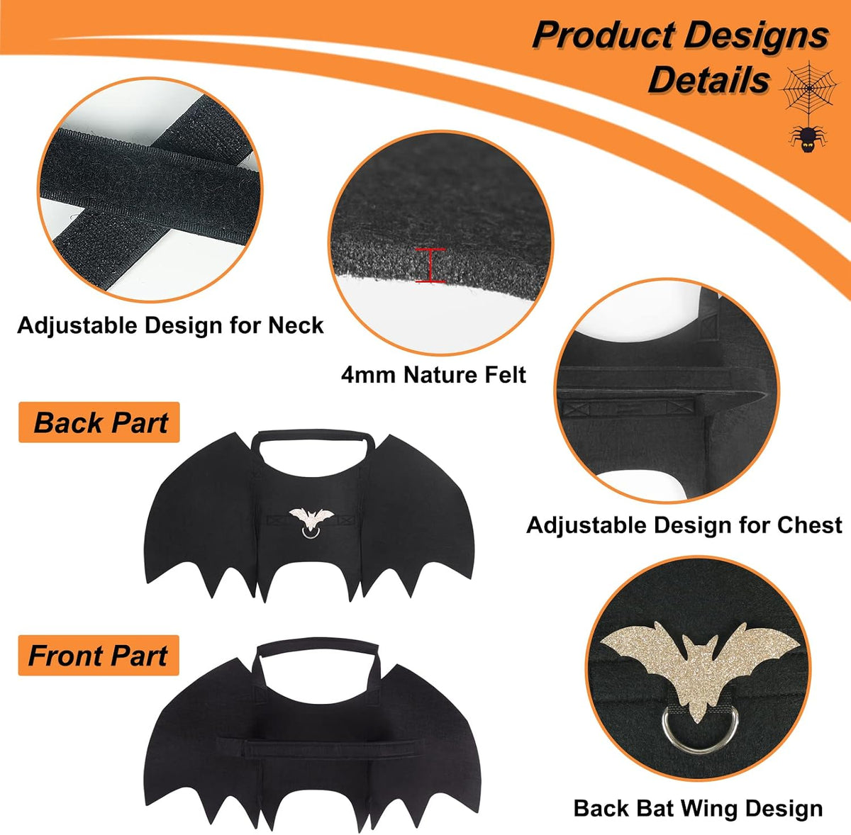 Vivifying black felt dog bat wings Halloween costume with pumpkin bells - view 2