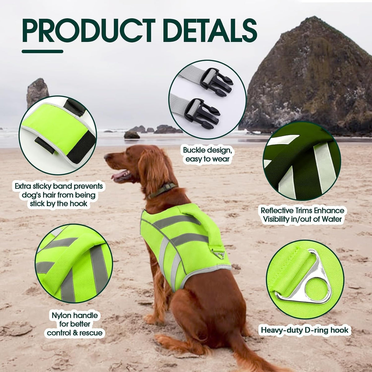 Kuoser Reflective Dog Life Jacket - M (Chest Girth:20.5-25.2'') / Green - image 3