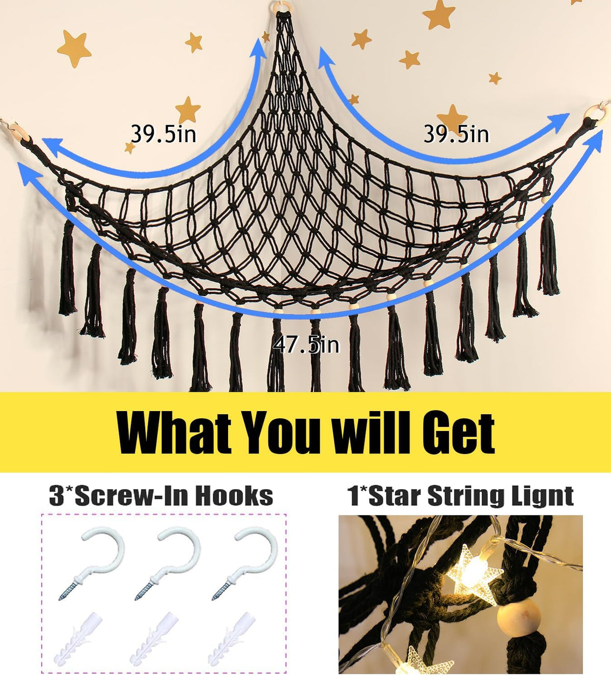 Stuffed Animal Toy Storage Hammock with LED Light - Black / L (39.5"*39.5"*48") - image 2