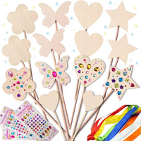 WUBOMJIO princess fairy wands craft kit with 14 wooden wands, gem stickers and colorful ribbons
