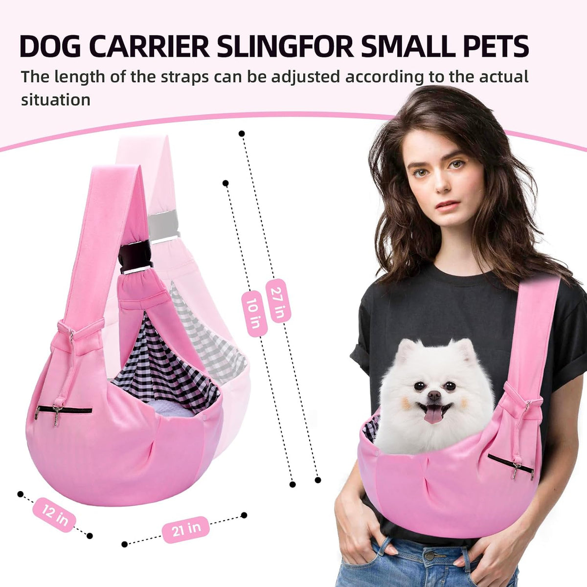 Adjustable Dog Sling Carrier with Pocket - Pink - image 3