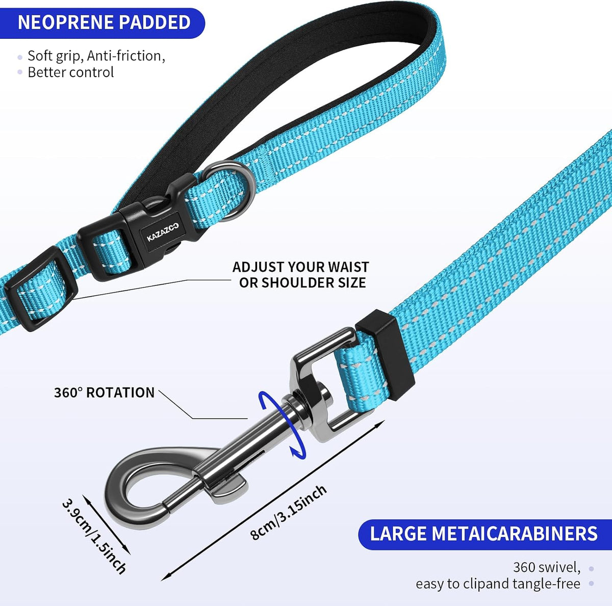 Kazazoo Hands-Free Dog Leash Adjustable Length 5-8 Ft - Sky Blue / M - image 3