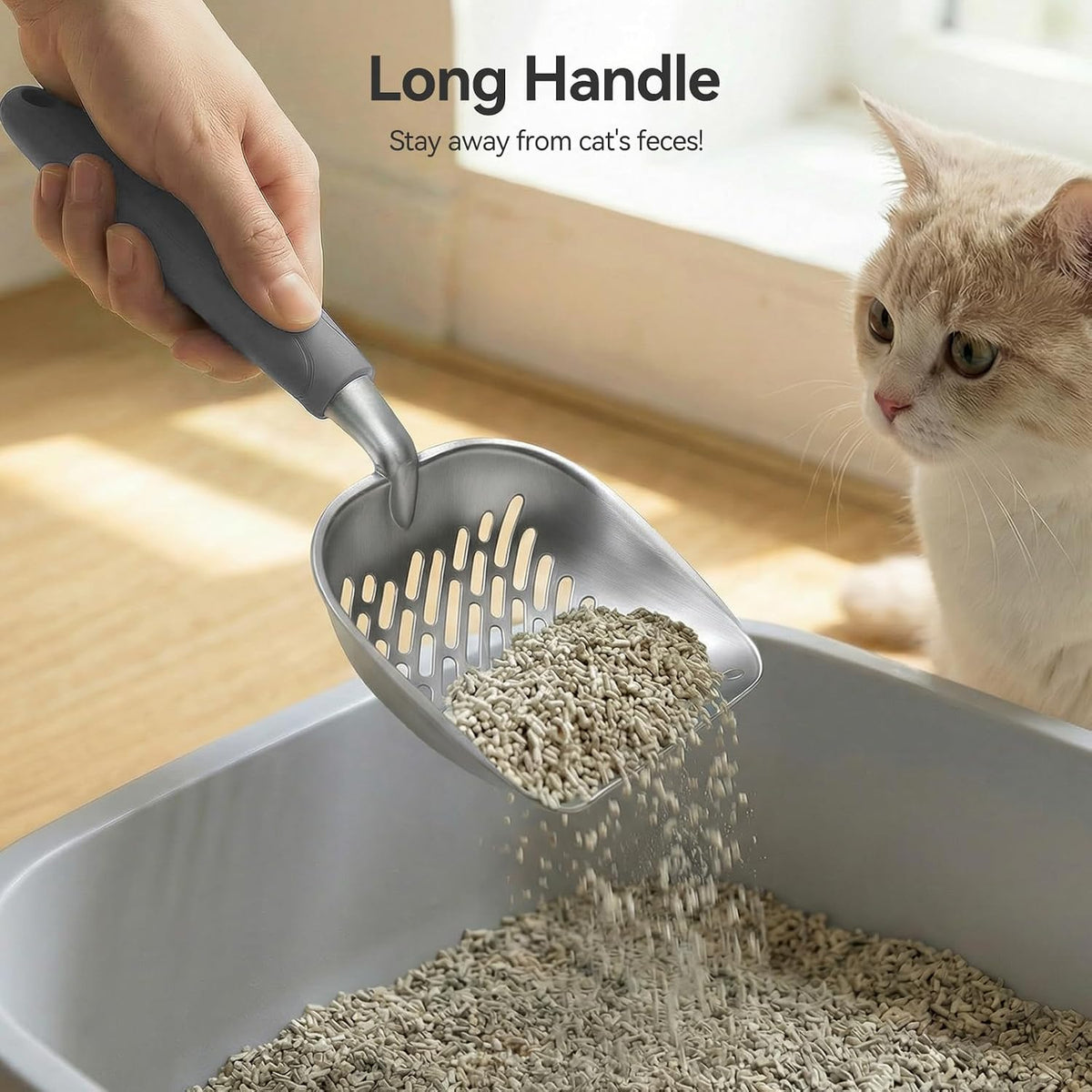 Cat Litter Scoop, Kitty Metal Scooper with Long Handle – Daily Care for Cats - Large / Gray - image 3