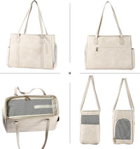 Stylish Dog Purse Carrier, Leather Pet Carrier Bag for Small Dogs Cats Puppy, Airline Approved Soft-Sided Carrier Beige