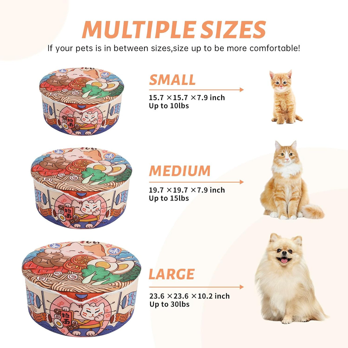 寵幸 Ramen Noodle Cute Cat Bed, Soft Warm Washable Kitten Bed - 15.7"L x 15.7"W x 7.9"Th / orange - image 2