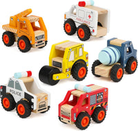 Dipalent wooden toy cars, six push and go vehicles including fire truck and police car