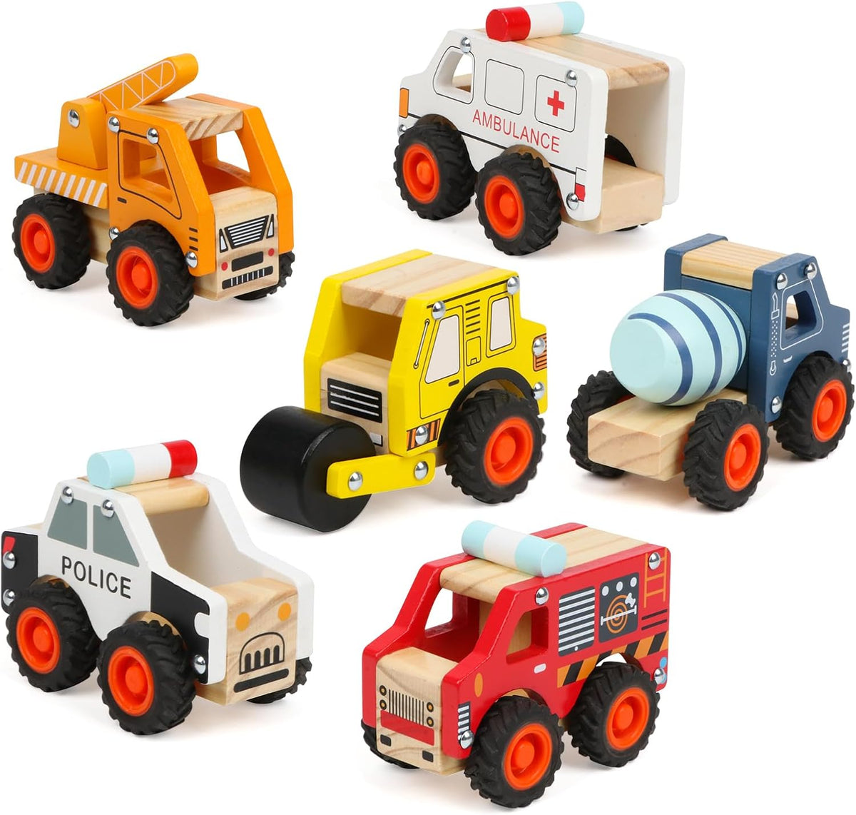 Dipalent wooden toy cars, six push and go vehicles including fire truck and police car