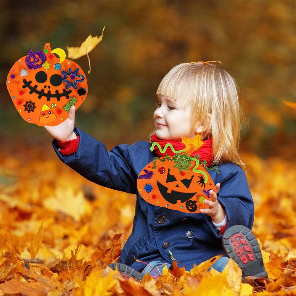 Winlyn orange foam pumpkin craft kits with Halloween face stickers, 30 pack - view 3