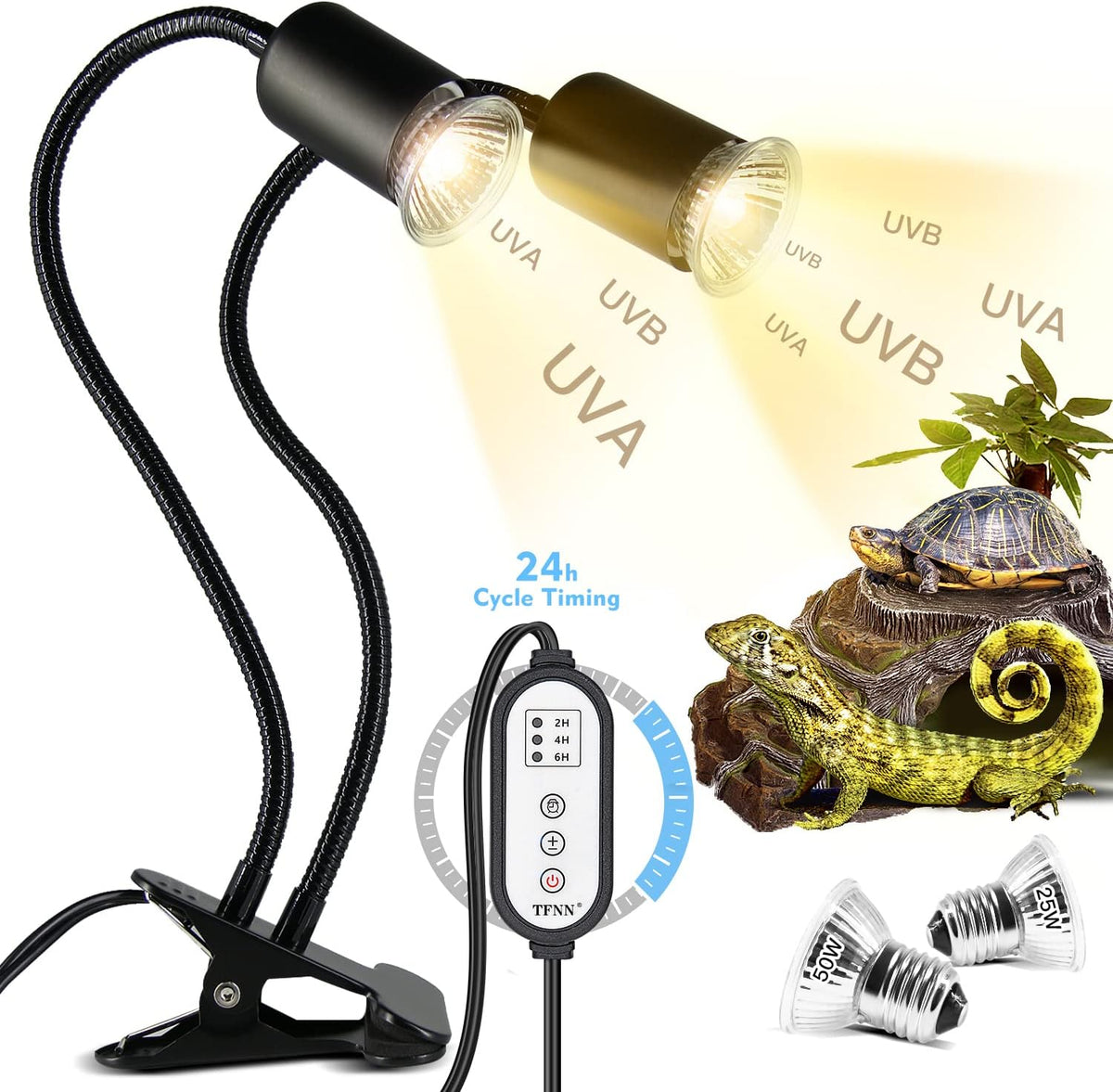 TFNN Reptile Heat Lamp, Double-Head Heat Lamp with Clamp