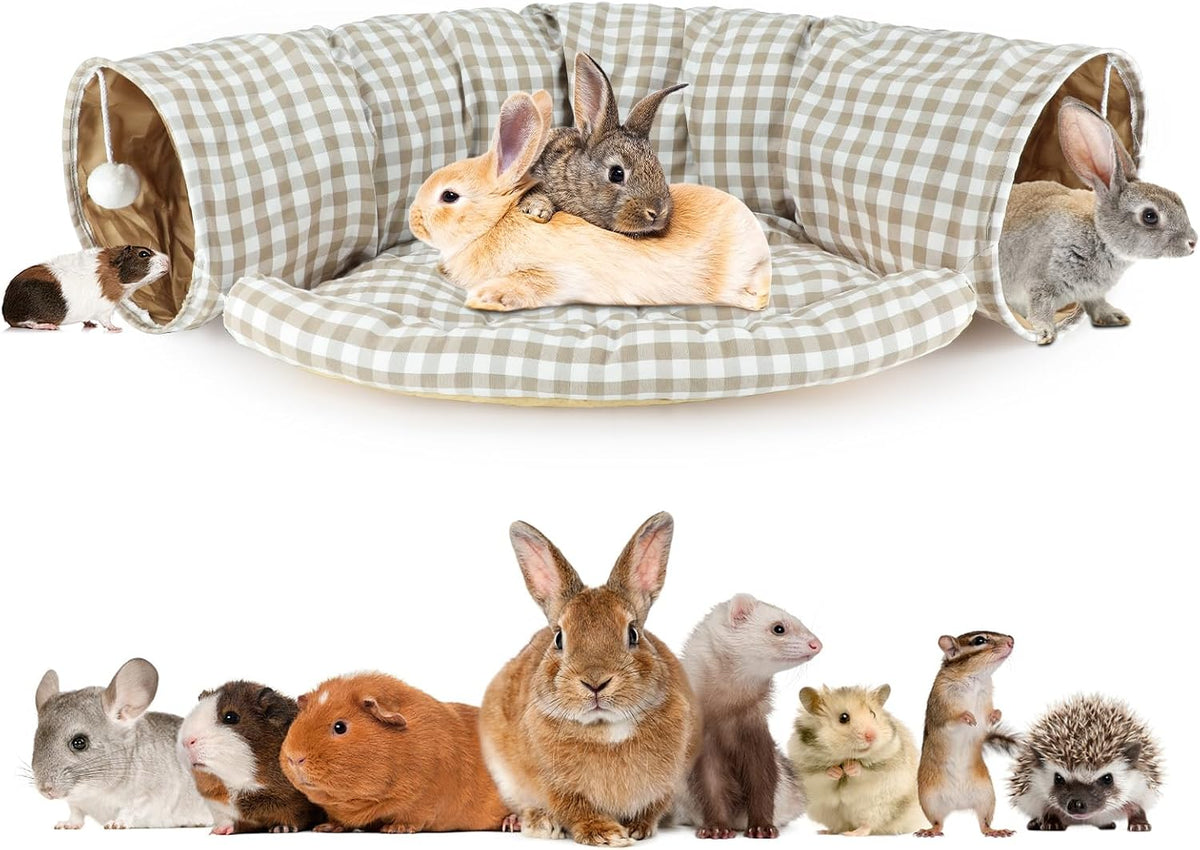 Bunny Tunnel Bed, 2-in-1 Collapsible Rabbit Tunnel Hideout with Mat – Essentials for Small Pets - YellowPlaid