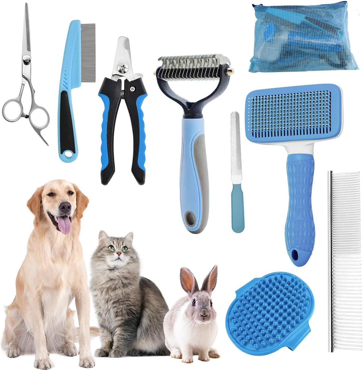 Bath Grooming Kit for Pets, Hair Brush Set with Towel - 9-Blue