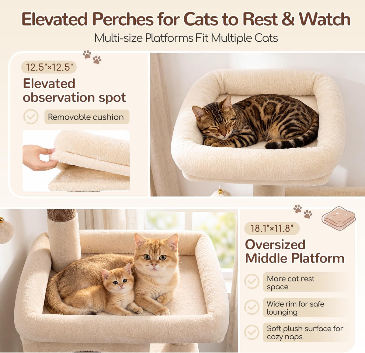 Globlazer Extra Tall Cat Tree Tower for Indoor Cats, F76 - Beige / 54 inch - image 2