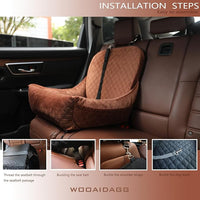 Dog Car Seat for Small Dogs,Covered Soft Fabric and Fill in Memory Foam,Easy to Assemble and Fully Detachable,2 Clip-On Safety Leashes and Storage Pockets(Brown)